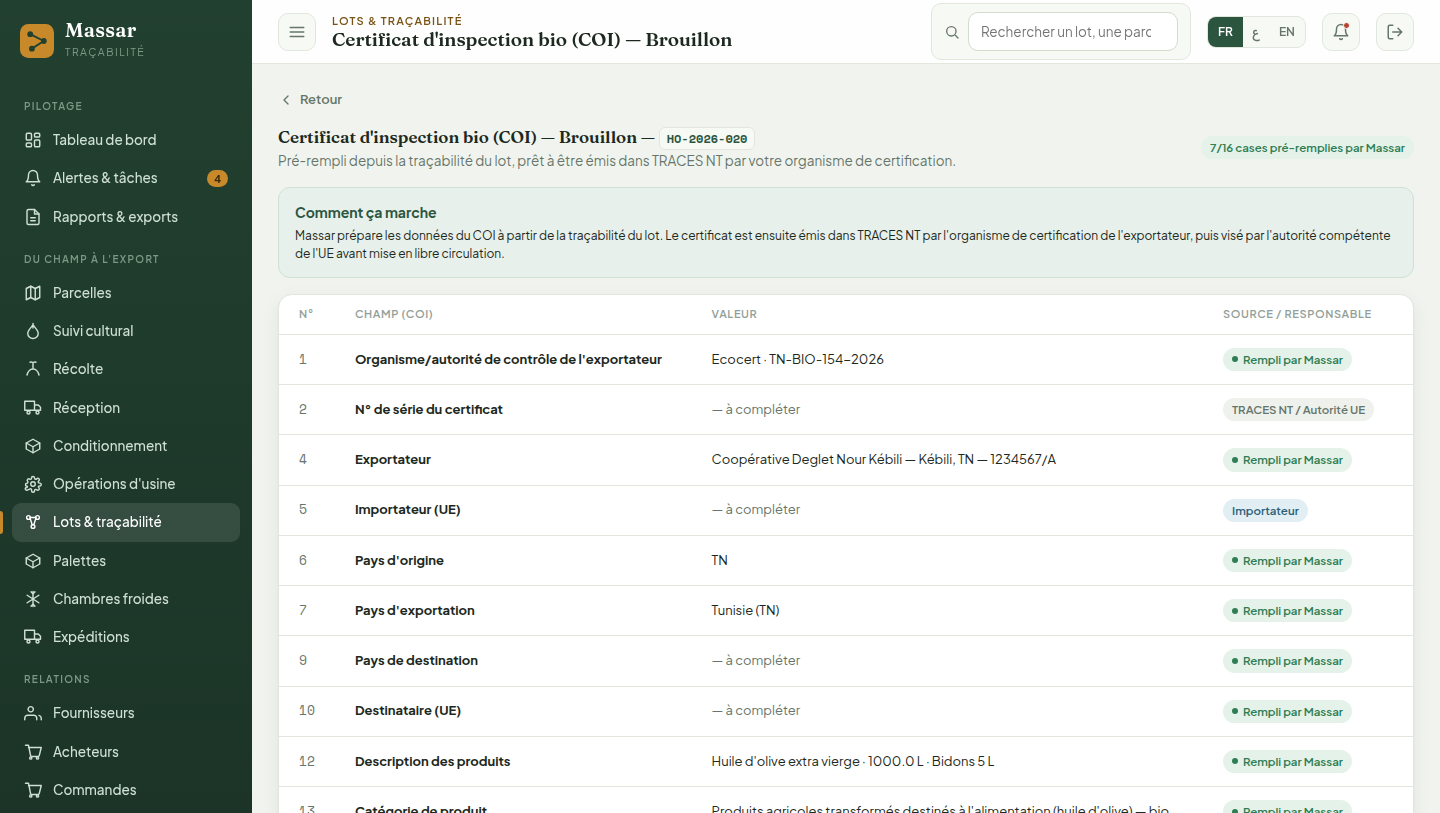 Massar : certificat d'inspection bio (COI) pré-rempli, prêt pour TRACES NT