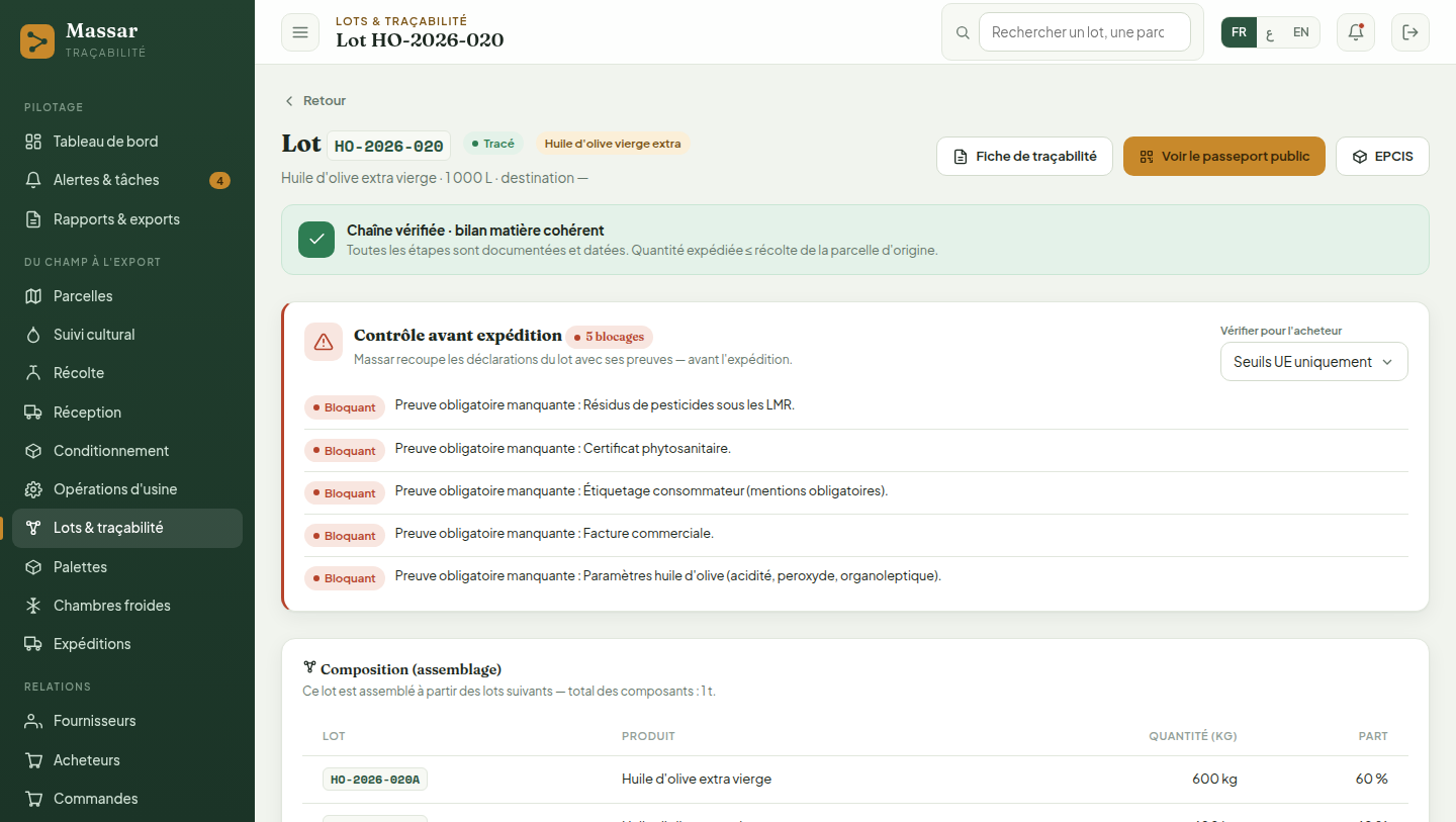 Fiche de lot avec contrôle de conformité